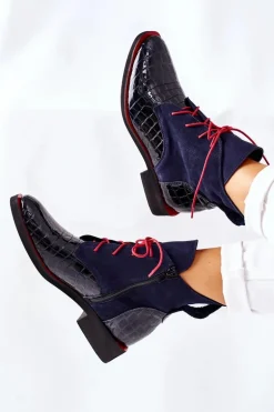 Skórzane Botki Wzór Aligatora Granatowe Bruselle