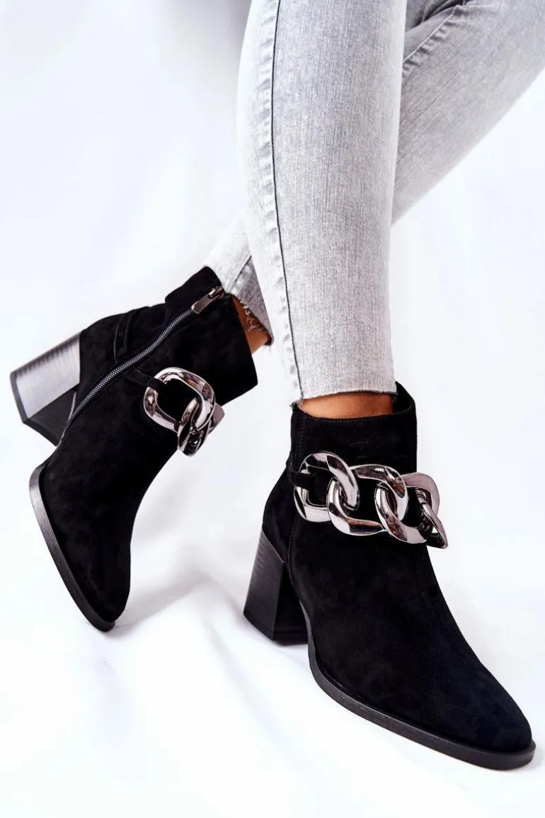 Skórzane Botki Z Łańcuchem Laura Messi Czarne 2345