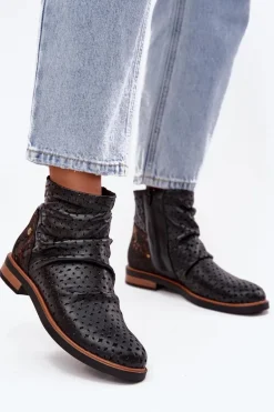 Skórzane Botki Z Ażurowym Wzorem Maciejka 05922-01 Czarne