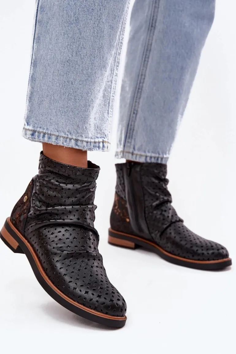 Skórzane Botki Z Ażurowym Wzorem Maciejka 05922-01 Czarne