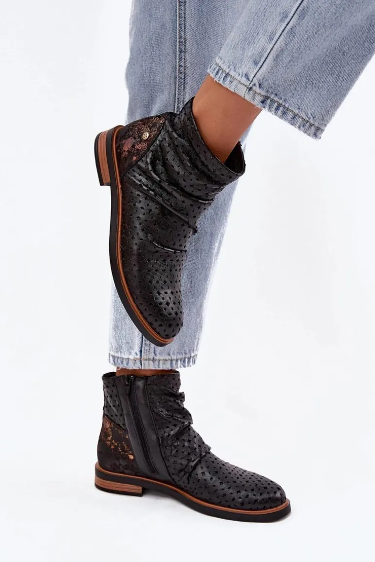 Skórzane Botki Z Ażurowym Wzorem Maciejka 05922-01 Czarne