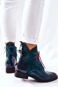 Skórzane Botki Z Krokodylim Wzorem Zielone Cheyenne