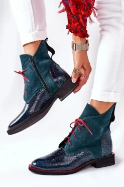 Skórzane Botki Z Krokodylim Wzorem Zielone Cheyenne