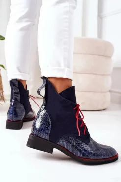 Skórzane Botki Z Krokodylim Wzorem Granatowe Cheyenne