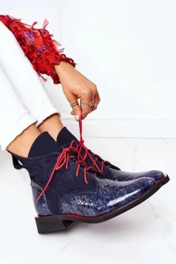 Skórzane Botki Z Krokodylim Wzorem Granatowe Cheyenne