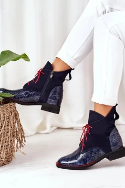 Skórzane Botki Z Krokodylim Wzorem Granatowe Cheyenne