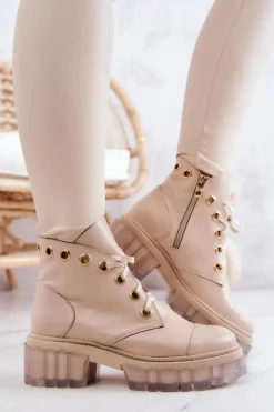 Skórzane Botki Z Masywną Podeszwą Beżowe Horizon