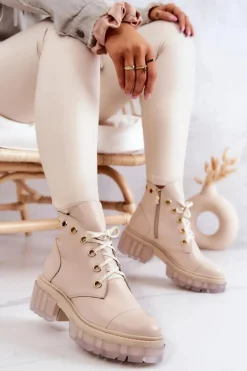 Skórzane Botki Z Masywną Podeszwą Beżowe Horizon