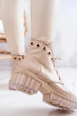 Skórzane Botki Z Masywną Podeszwą Beżowe Horizon