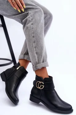 Skórzane Botki Z Ozdobą Czarne Galos