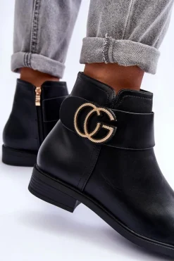 Skórzane Botki Z Ozdobą Czarne Galos
