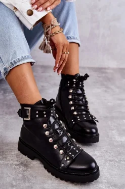 Skórzane Botki Z Ozdobnym Paskiem Czarne Sabine