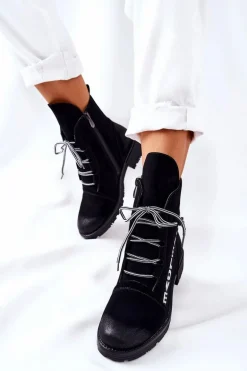 Skórzane Botki Z Ozdobnym Suwakiem Czarne Lomissa