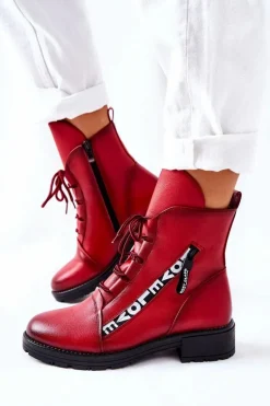 Skórzane Botki Z Ozdobnym Suwakiem Czerwone Lomissa