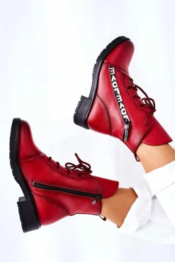 Skórzane Botki Z Ozdobnym Suwakiem Czerwone Lomissa