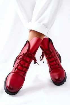 Skórzane Botki Z Ozdobnym Suwakiem Czerwone Lomissa