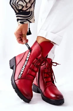 Skórzane Botki Z Ozdobnym Suwakiem Czerwone Lomissa