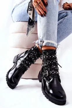 Skórzane Botki Z Paskami Czarne Kepherine