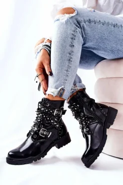 Skórzane Botki Z Paskami Czarne Kepherine