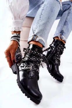 Skórzane Botki Z Paskami Czarne Kepherine