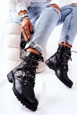 Skórzane Botki Z Paskami Zwierzęcy Wzór Czarne Kepherine