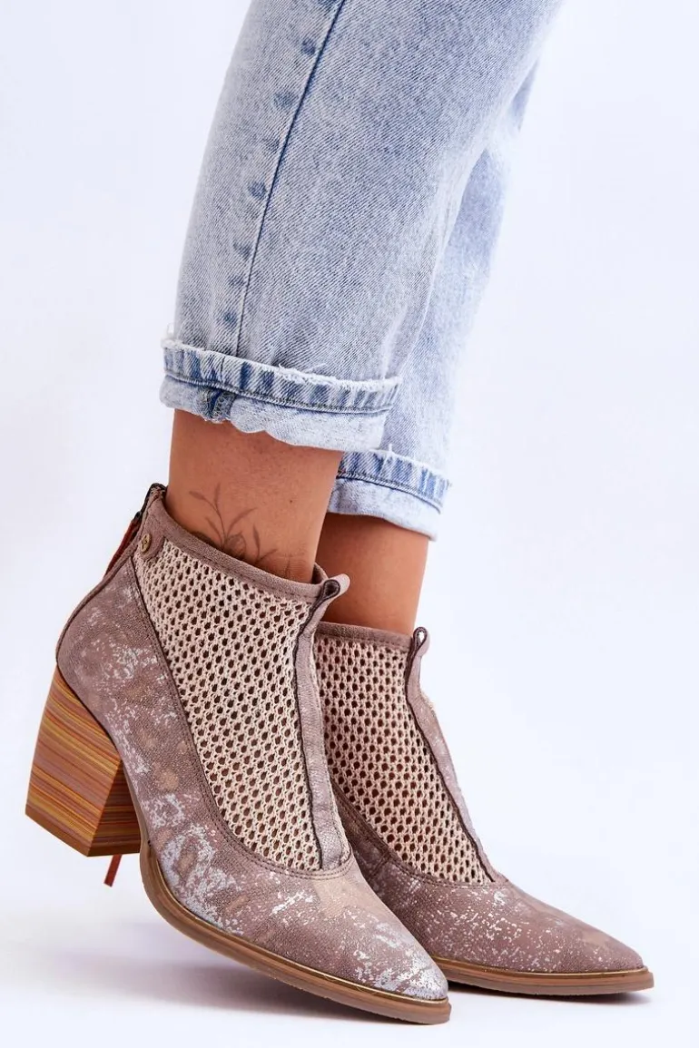 Skórzane Botki Z Siateczką Maciejka 05842-04 Beżowe