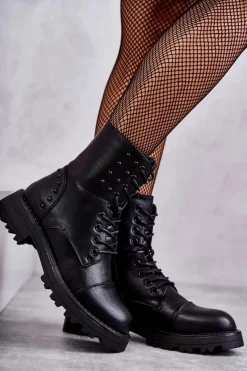 Skórzane Botki Z Ćwiekami Czarne Palmira