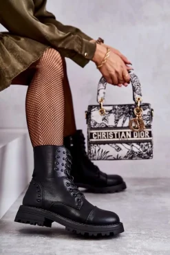 Skórzane Botki Z Ćwiekami Czarne Palmira