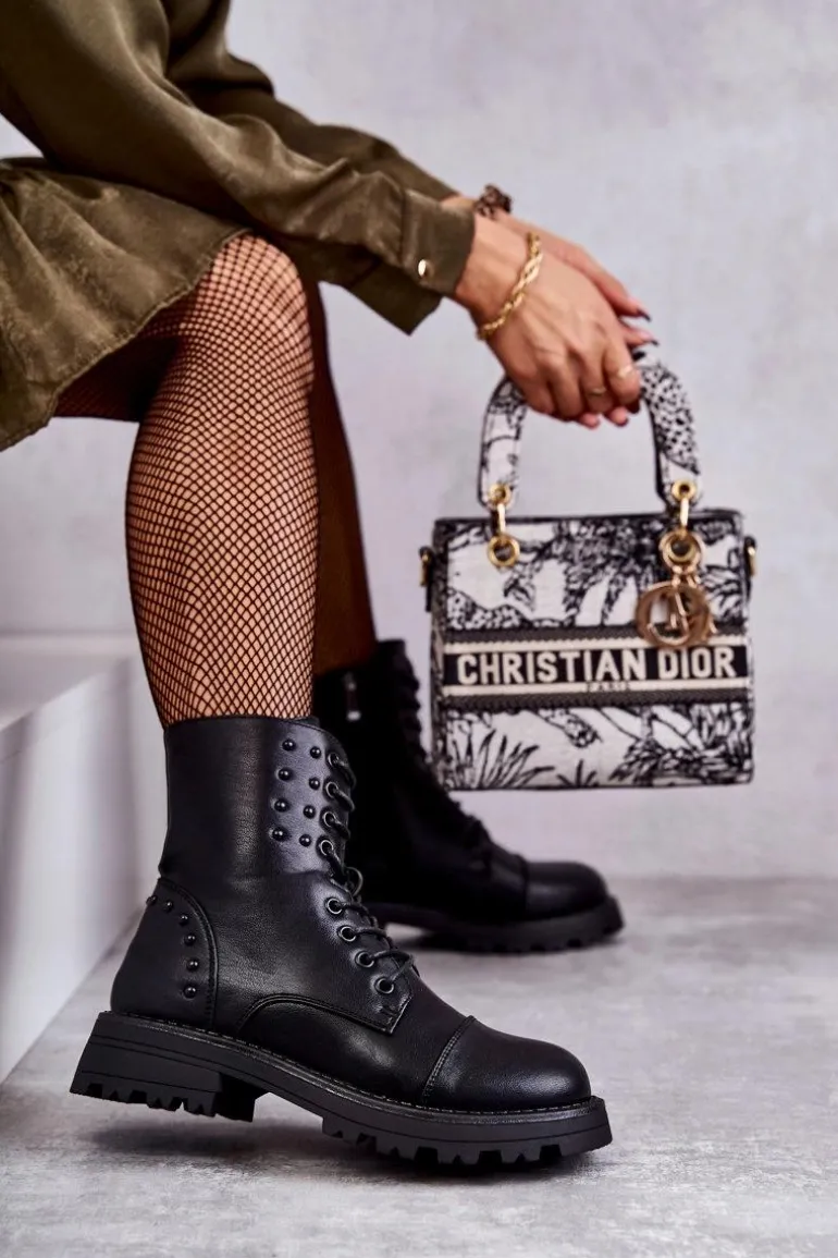 Skórzane Botki Z Ćwiekami Czarne Palmira