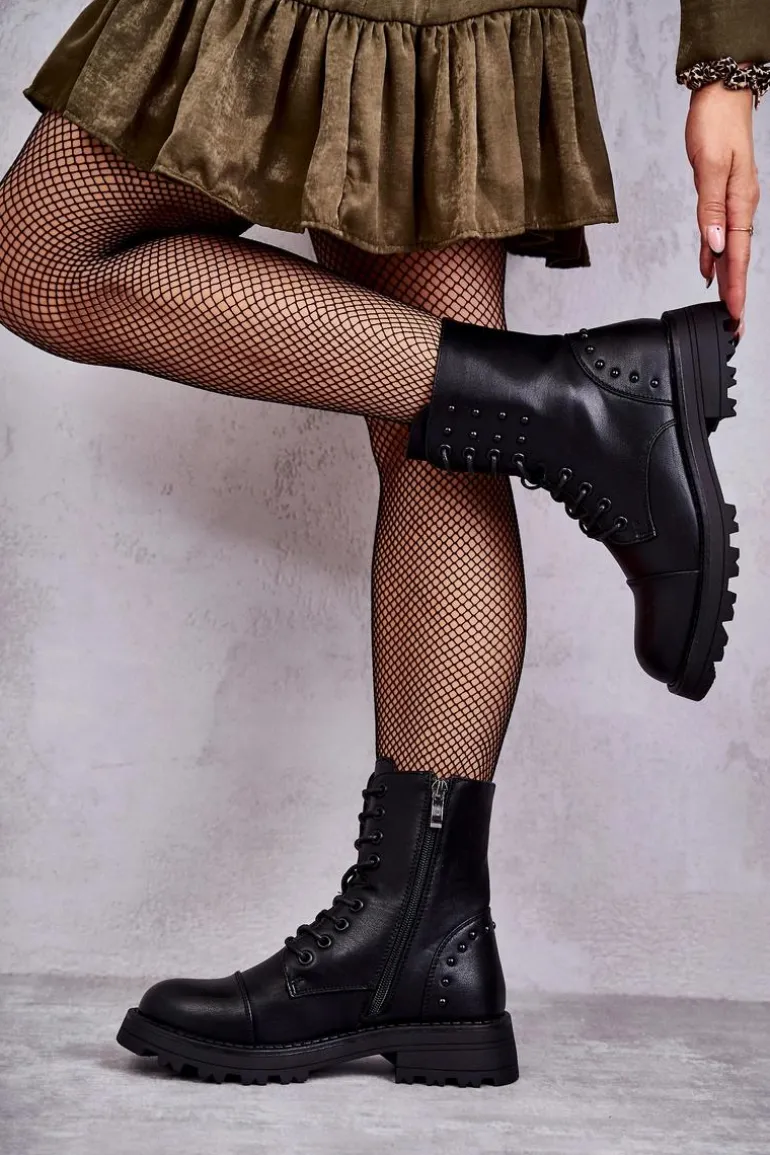 Skórzane Botki Z Ćwiekami Czarne Palmira