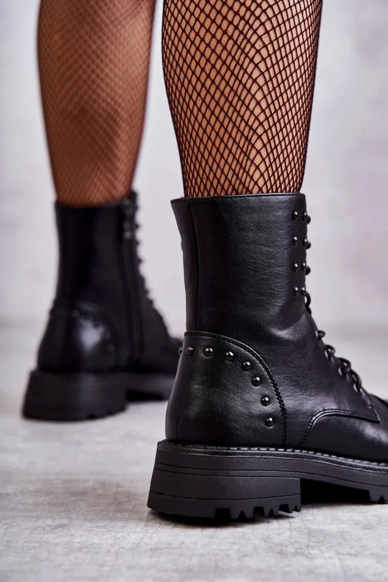 Skórzane Botki Z Ćwiekami Czarne Palmira