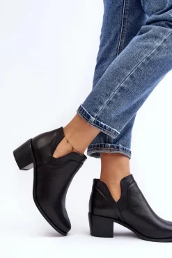 Skórzane Botki Z Wycięciami Na Obcasie Czarne Dalros
