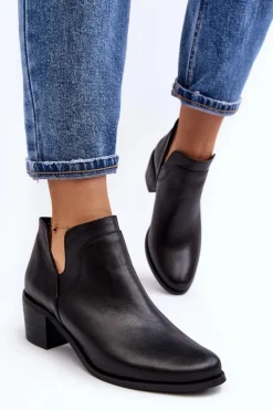 Skórzane Botki Z Wycięciami Na Obcasie Czarne Dalros
