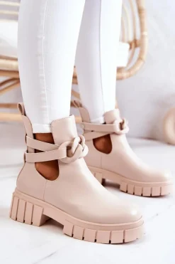 Skórzane Botki Z Wycięciem Beżowe Karen