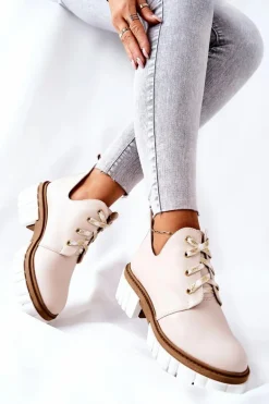 Skórzane Botki Z Wycięciem Wiązane Beżowe Kaxo