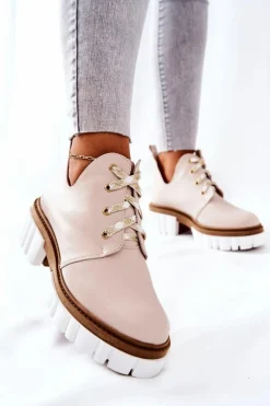 Skórzane Botki Z Wycięciem Wiązane Beżowe Kaxo