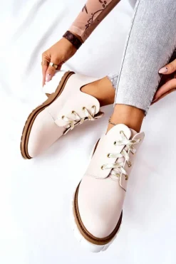 Skórzane Botki Z Wycięciem Wiązane Beżowe Kaxo