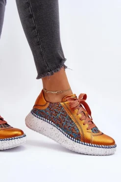 Skórzane Buty Sportowe Damskie Maciejka 06327-18 Pomarańczowe