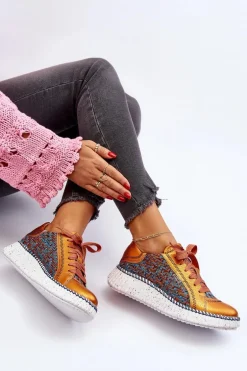 Skórzane Buty Sportowe Damskie Maciejka 06327-18 Pomarańczowe