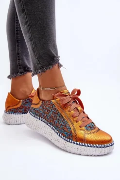 Skórzane Buty Sportowe Damskie Maciejka 06327-18 Pomarańczowe