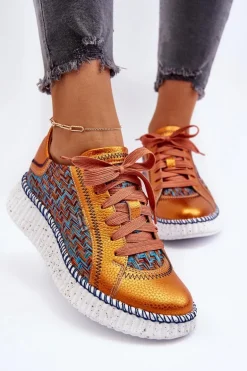 Skórzane Buty Sportowe Damskie Maciejka 06327-18 Pomarańczowe