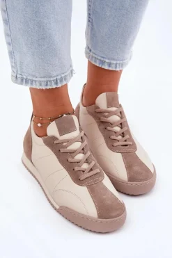 Skórzane Buty Sportowe Damskie Laura Messi 2935 Beżowe