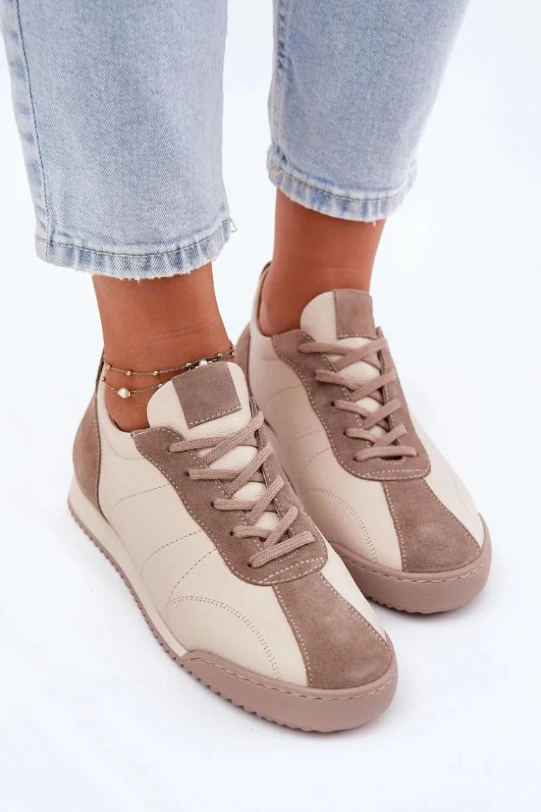 Skórzane Buty Sportowe Damskie Laura Messi 2935 Beżowe