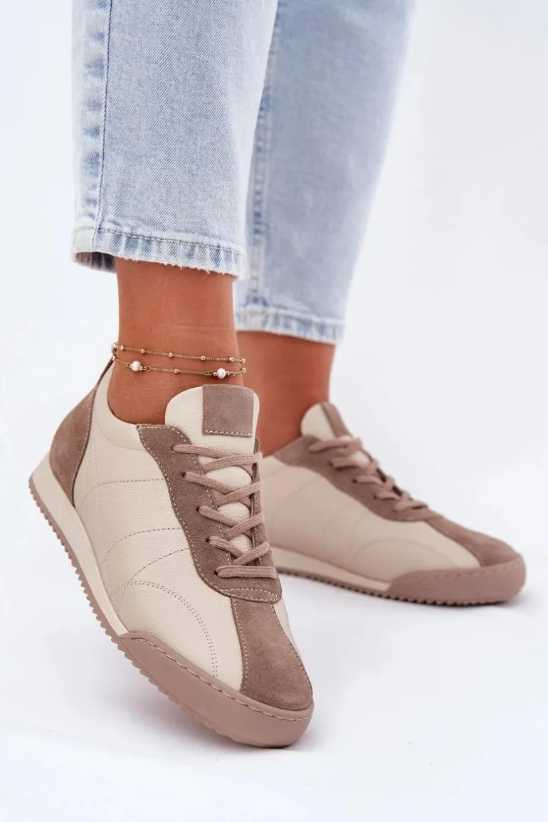 Skórzane Buty Sportowe Damskie Laura Messi 2935 Beżowe