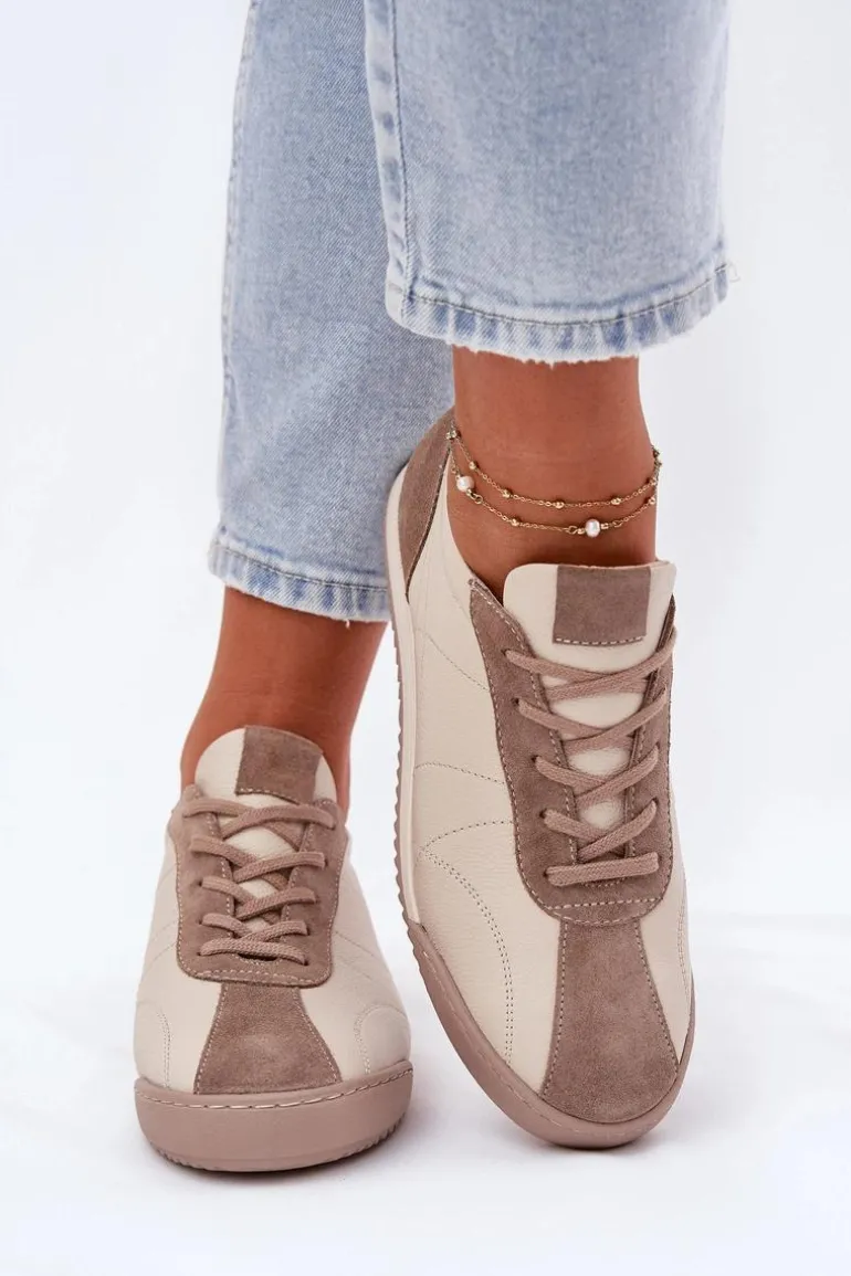 Skórzane Buty Sportowe Damskie Laura Messi 2935 Beżowe