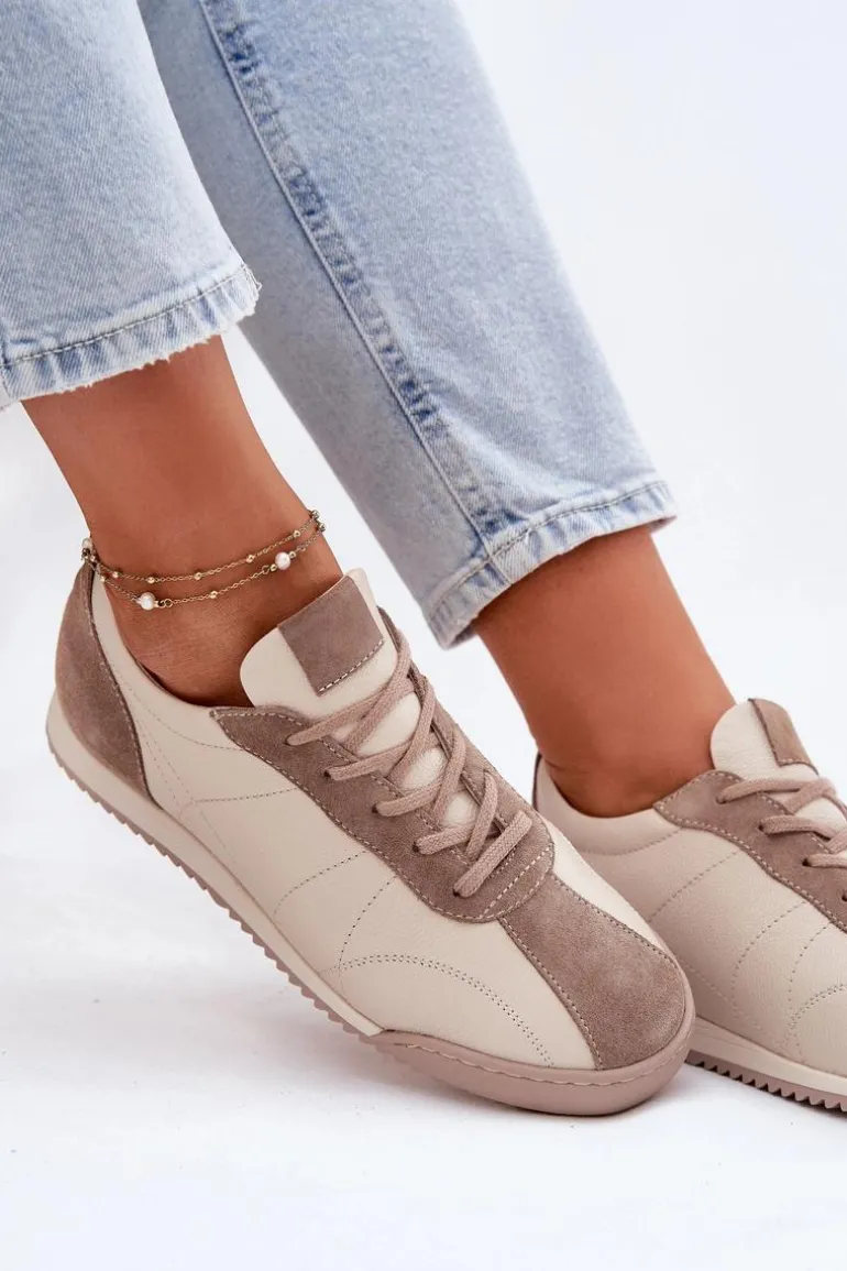 Skórzane Buty Sportowe Damskie Laura Messi 2935 Beżowe