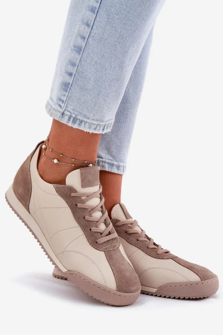 Skórzane Buty Sportowe Damskie Laura Messi 2935 Beżowe