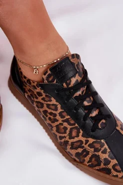 Skórzane Buty Sportowe Damskie W Panterkę Laura Messi 2935 Brązowe