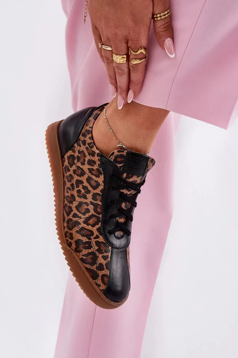 Skórzane Buty Sportowe Damskie W Panterkę Laura Messi 2935 Brązowe