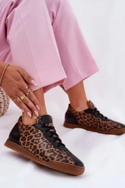 Skórzane Buty Sportowe Damskie W Panterkę Laura Messi 2935 Brązowe